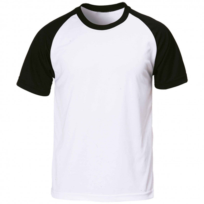 Men's raglan baseball t-shirt with white body and black sleeves